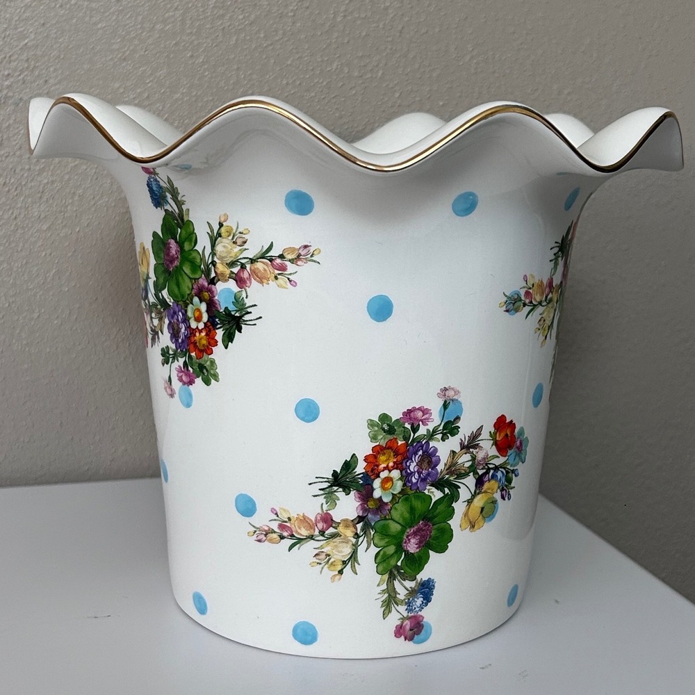 MacKenzie-Childs Floral Blue Polka Dot Ruffled Rim Ceramic Vase Gold Trim 7.75in